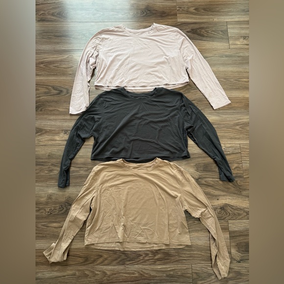 CRZ YOGA Pima Cotton Long Sleeve Cropped Loose Workout Tops Basic T-Shirts - Picture 1 of 2